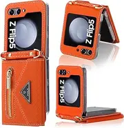 [XIMAND] for Z Flip Case with Zipper Wallet, Orange Phone case with Strap for Samsung Galaxy Z Flip 5 (Orange,Galaxy Z Flip 5)