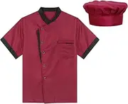 [Miutii] Unisex Short Sleeve Chef Coat Jacket with Hat Set Restaurant Kitchen Chef Top Uniform
