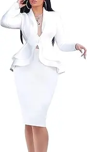 [MorwenVeo] Two Piece Suit Sets Stretchy 2 Piece Outfits for Women Solid Blazer Jacket Skirts Sets