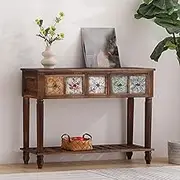 Entry Console Table with Storage Shelves for Entryway, TV Cabinet Display Rack with 3 Drawers, Narrow Sofa Table for Kitchen, Entry Way, Hallway, Couch, Living Room, Brown 100x30x80cm