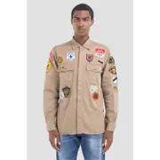 Replay Mens Plain Shirt Twill Long Sleeve w/ All-Over Patch Brown