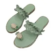 Nevenka Pearls Pineapple Sandals Summer Comfort Clip Toe Flat Slippers-Green