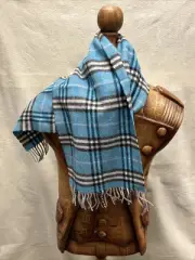 BURBERRY Scarf Ocean Blue Nova Check Fringe Trim 100% Lambswool Muffler NWT