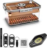 Cigar Humidor Set, Cigar Box Includes 2 Cigar Cutters, Ashtray, Punch, Hygrometer and Humidifier, Desktop Humidor up to 100 Cigars, Cigar Gifts for Men (Clear)