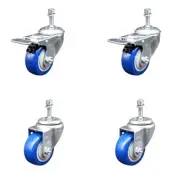 3.5 Inch SS Blue Poly 3/8 Inch Threaded Stem Caster Set 2 Total Lock Brake SCC