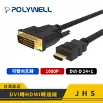 【POLYWELL】寶利威爾 DVI轉HDMI 轉接線 DVI HDMI 可互轉 1080P 螢幕線