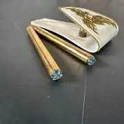 VTG 3" Mini Bridge Pen & Pencil Rhinestone Snap Case MCM Hollywood Regency Gold