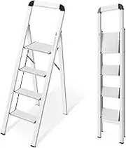 KINGRACK 4 Step Ladder with Handrail, Aluminium Folding Step Stool Portable, Non-Slip Household Stepladder with Wide Platform for Kitchen Pantry Closets Home Office, Maximum Load 150 kg, Silver