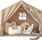Kids Play Tent with Mat, Large Play Tent Indoor with Star Lights and Windows, Playhouse for Boys and Girls Aged 3+, Kid Tent with Mat Washable (Beige)
