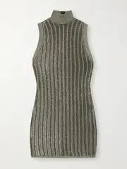 [TOM FORD] TOM FORD - Striped Ribbed Metallic Wool-blend Turtleneck Mini Dress - Silver - large large Silver