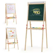 Babyjoy 3-in-1 Kids Art Easel Height Adjustable Wooden Easel w/Magnetic Whiteboard & Chalkboard Natural