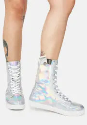 [Y.R.U.] CC Silver Hologram Lace-Up Boots