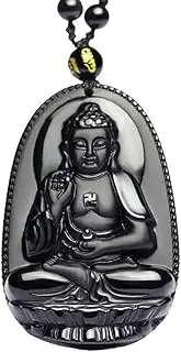[JHBTANADFEL] Chinese Jadeite Necklace， Natural Obsidian Pendant Buddha Lucky Necklace Fashion Amulet Creativity Jewelry