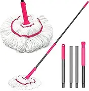 NEWE Self Wringing Twist Mop for Floor Cleaning, Upgraded 45 cm Wide Microfiber Mops, 140 cm Long Handle Wet Dry Kitchen Easy Squeeze String Mop for Wood, Hardwood, Tile, Marble (Rose Red)