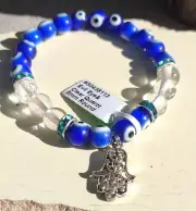 Protective Hamsa Evil Eye Clear Quartz 8mm Bead Stretch Bracelet New