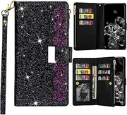 [SLLMYYX] Wallet Case Compatible with Google Pixel 7, Starry Sky Laser PU Leather Zipper Purse Protective Phone Case (Black)