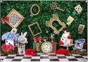 Yriujul 7x5ft Fabric Wonderland Enchanted Tea Party Photography Backdrop Kids Fairy Tale Green Grass Birthday Background Checkerboard Rabbit Photo Tapestry Props 7'x5' (PFD-A8447-D-FM-FBA)