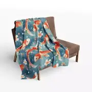 Japanese Orange Koi Fish Pattern, Cozy Arctic Fleece Blanket, Asian Couch Throw