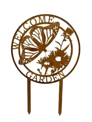 Willow & Silk Laser-Cut 80cm Metal Butterfly/Flower 'Welcome Garden' Sign Stake