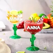 4 Set Cactus Margarita Glasses with Letters Stickers 16 oz Green Stemmed Cocktail Glasses Plant Themed Cactus Decor Goblet Reusable Drinkware for Personalized DIY Name Outdoor Camping Party