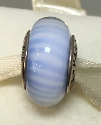 New Genuine Pandora Charm Murano Glass Light Blue Candy Stripes 790684