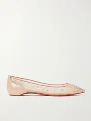 [Christian Louboutin] Christian Louboutin - Follies Swarovski Crystal-embellished Mesh And Lamé Point-toe Flats - Neutral - IT42 IT 42 Neutrals