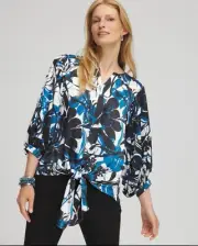 Chicos Floral Tie Front Blouse Blue Black White Size 0.5 (6)