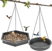 2-in-1 Hanging Bird Feeder & Bath | 12" Squirrel-Proof Tray with Drain Holes | Weatherproof PP for Outdoor Garden Decor,Hanging Bird Bath、Bird Feeder Tray (Grey)