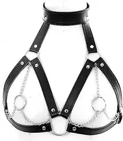 [Liangliang] Women's Faux Leather Harness Punk Gothic Metal Chain Tassel Body Caged Lock Bra Strap Black