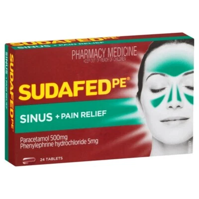 Sudafed PE Sinus + Pain Relief 24 Tablets Headaches Blocked Runny Nose