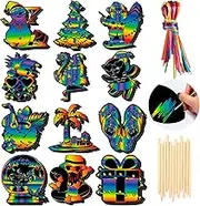 HOWAF 36pcs Summer Christmas Crafts Tropical Christmas Scratch Paper Art Kit, Hawaiian Xmas Rainbow Scratch Off Cards with Santa Flamingo Snowman for School DIY Drawing Project Supplies