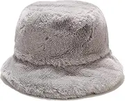 [Pwithze] Winter Faux Fur Fuzzy Bucket Hat with Adjustable Drawstring,Fluffy Warm Hat for Women, Plush Fisherman Hat