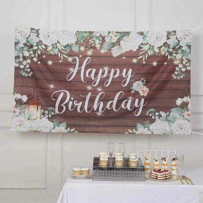 6 ft x 3 ft WHITE BROWN Wood Floral Printed Backdrop Happy Birthday BANNER Party