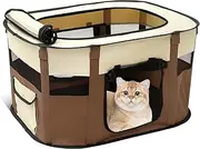 Foldable Pet Playpen with Top Roof and Side Pocket Small Dog Cat Crate Rectangular Cat Dog Playpen with Mesh Panels Waterproof Dogs Cage Portable Foldable Pet Fence for Small Animals(Brown)
