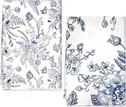 Pinsit Chinoiserie Floral Kitchen Towels, Set of 2 Blue White Flowers Bird Dish Towels, 18 x 28 Inch Hand Drying Dish Tea Towels Decorative for Farmhouse Home Cooking Baking Cleaning Wipes（02）
