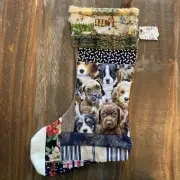 Christmas Stocking Quilted Patchwork Fabric Dog Puppies NEW 18” Handmade