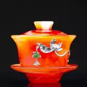 Agate Inlaid Silver Lid Bowl Handmade Glazed Jade Porcelain Sancai Cup Tea Set