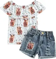 [Ledy Champswiin] Toddler Girl Summer Clothes Set Floral T-shirts+Denim Shorts 1T 2T 3T 4T 5T 6T Kids Girl Outfits