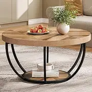 Tribesigns 80 cm Round Coffee Table, Industrial 2-Tier Coffee Table Storage, Modern Wooden Accent Center Desk Sofa Side for Living Room, Home Office, Wooden Grain and Black