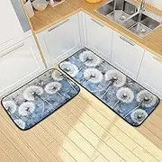 White Plant Blue Art Kitchen Mats for Floor, 2 Piece, Funny Cute Washable Non-Slip Kitchen Rugs Set for Home & Office, Sink, Laundry, 19.7” x 27.6” + 19.7” + 47.2”