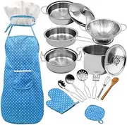 GUYOS Kids Cooking and Baking Set 18 PCS with Chef Hat Apron Oven Mitt Pan Soup Pot Spoon Shovel Kitchen Utensils Children Chef Role Playset Educational Girls Boys (Blue)