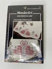 "Cross My Hearts" WonderArt Cross Stitch Perle Edged Dresser Scarf Linens #1346