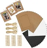 BetterJonny 30pcs Paper Photo Frames, 4 * 6 Inches Kraft Picture Frame for Home Party Office with Mini Wooden Clips and Jute Strings White/Black/Brown
