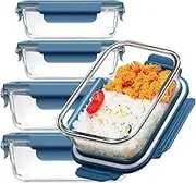 Glass Food Storage Containers 5 Pack,Three Sizes Glass Meal Prep Containers with Snap Lock Leakproof Lids,Lunch Box for Microwave,Freezer,Oven and Dishwasher (Sea Blue)