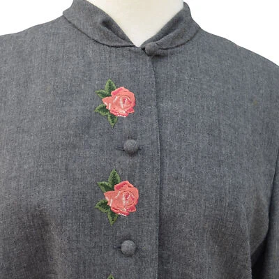 ANNACHIARA 80s Vintage Wool Rose Blazer Skirt Suit Dress Suit 46 Gray Floral
