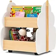 HONEY JOY Kids Wooden Bookshelf, Toddler Double-Sided Bookcase Toy Storage w/Universal Wheels, 2-Tier Children Storage Shelf Book Rack for Kids Room, Playing Room, Classroom, Kindergarten, White
