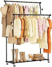 Double Rods Clothes Rack, Rolling Clothing Rack for Hanging Clothes with Hooks&Mesh Shelf, Portable Wardrobe Rack, Metal Coat Rack Sturdy Garment Rack for Bedroom Laundry Living Room Storage, Black