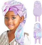 [Lolalet] Kids Bonnets for Girls, Long Silk Bonnet for Sleeping Kids Satin Bonnet Cap with Tie Band for Dreadlocks Braid Afro Curly Hair