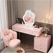 Vanity Desk with Mirror and Lights，Microfiber Leather Vanity Desk，Wood Vanity with Drawers and Chair，Suitable for Women and Girls(Pink,80cm)