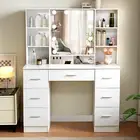 XXL Large Vanity Desk Dressing Table Stool W/ LED Hollywood Mirror Drawers White